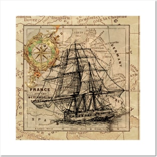 Nautical Voyage vintage ship sailor antique world map sailboat Posters and Art